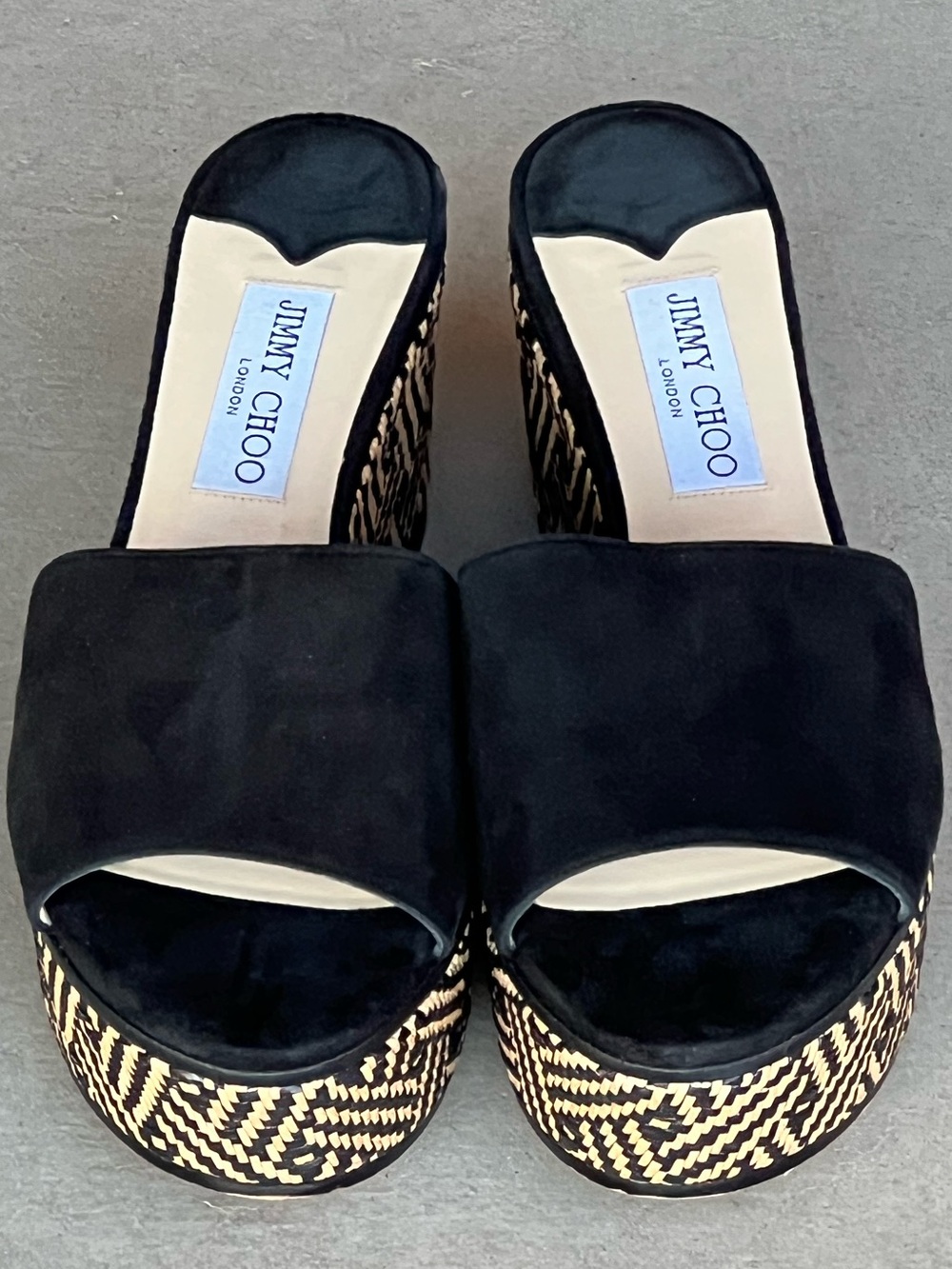 Jimmy Choo Deedee 80 Black Suede Chevron Raffia Platform Wedge Slides EU 38.5 - Picture 2 of 11